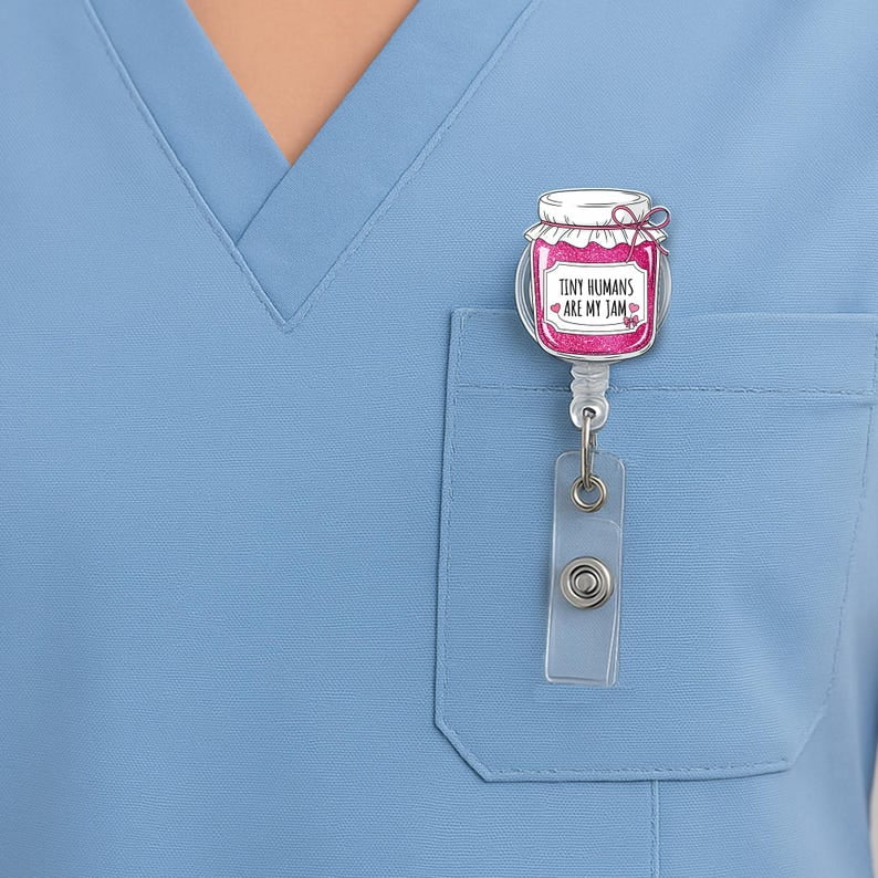 ViciArt Tiny Humans Are My Jam Badge Reel, Acrylic Retractable ID Holder, Pink Glitter Jar Clip