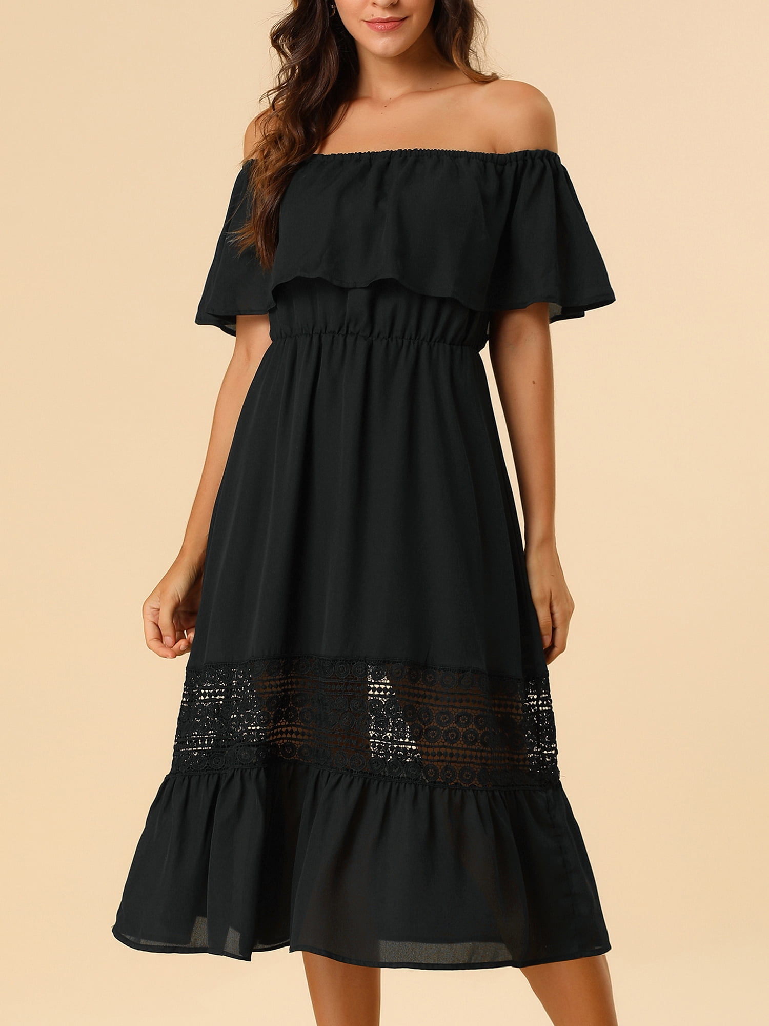 DARING DIVA Women's Off Shoulder Flutter Sleeve Maxi Dress L Black