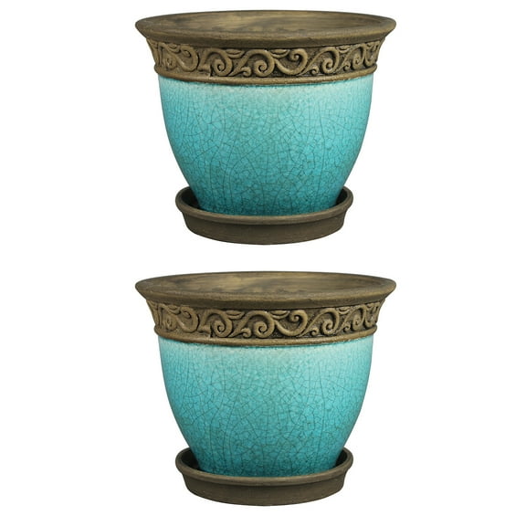 Southern Patio Cadiz 8in Ceramic Planter Pot w/Saucer, Teal (2 Pack)