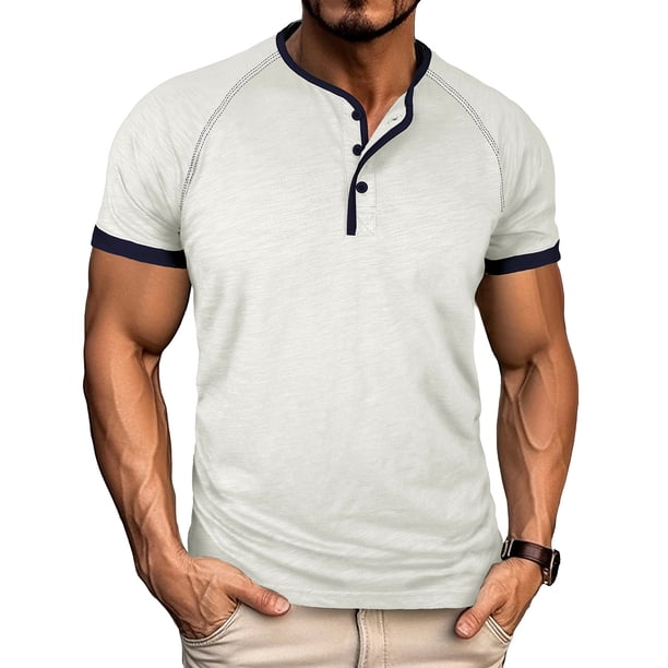 Tops para hombre, blusas y camisas de manga corta con cuello redondo para hombre, blusa informal de moda con botones y parches lisos, blusa de manga corta para hombre, blusa de poliéster para hombre