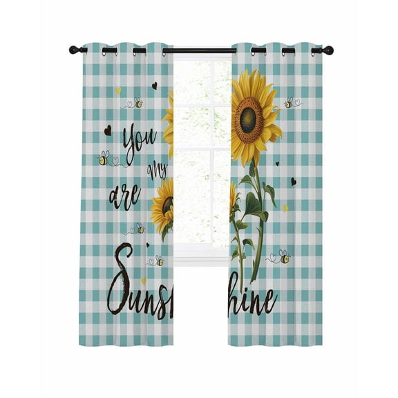 Sunflower Blackout Curtains, Light Blocking Print Window Curtains, Teal Green Check You Are My Sunshine Bee Thermal Insulated Window Drapes for Living Room Kitchen Cafe 2 Panels, 104"W x 90"L