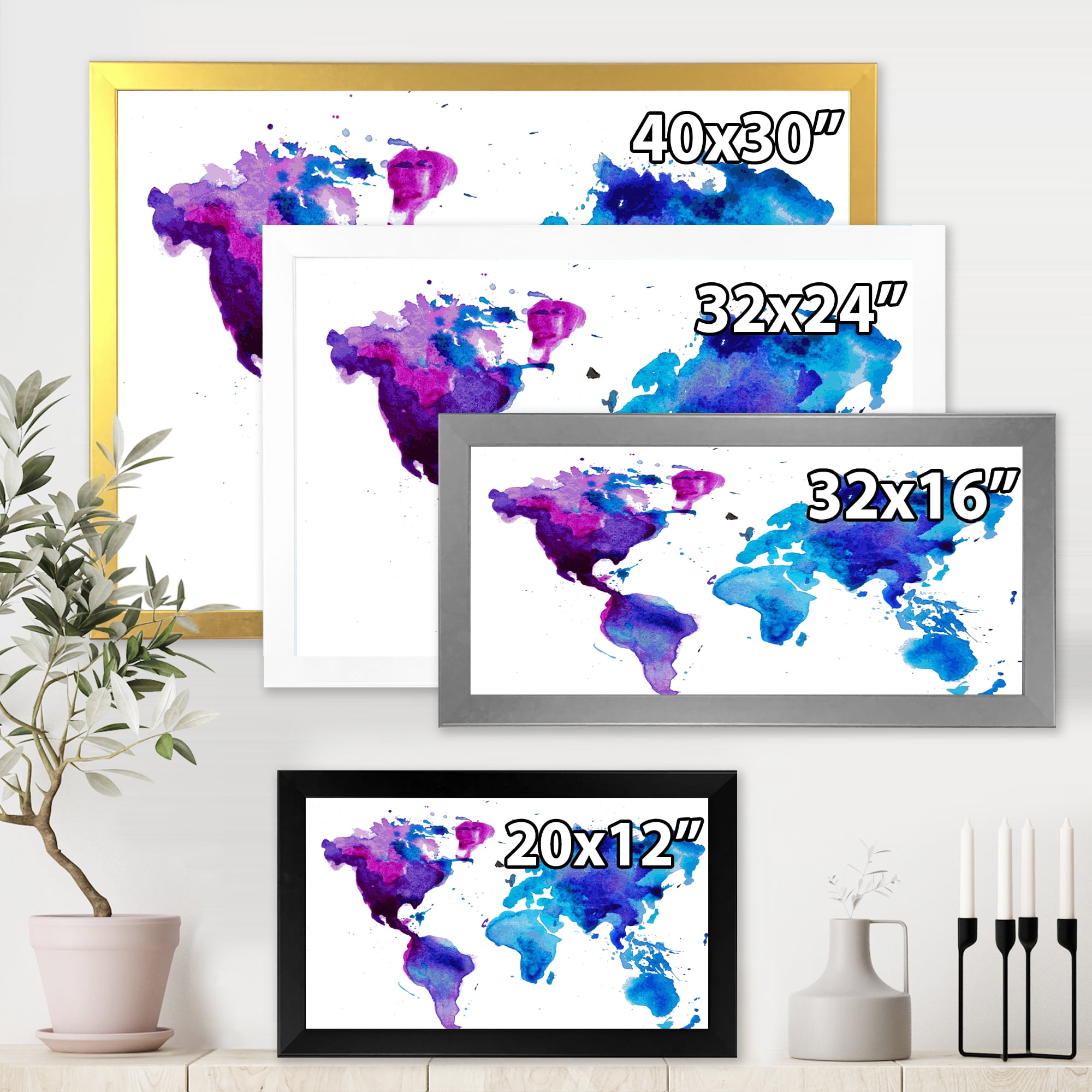 Designart 'Blue and Purple Map Of The World' Modern Framed Art Print