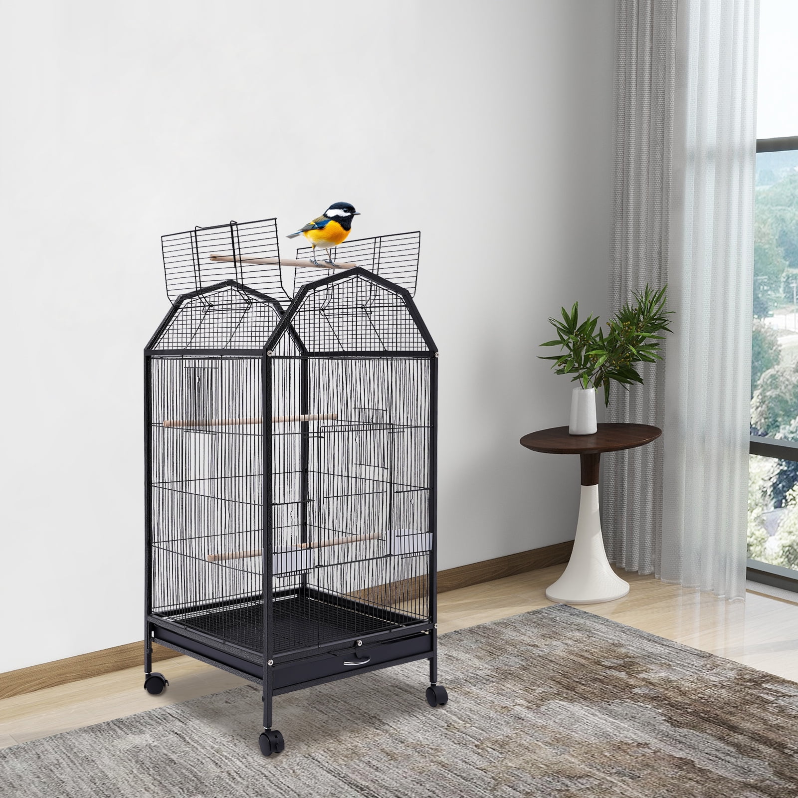 Peakora Parakeet Bird Cage with Stand Metal Pet Bird Flight Cages Large Finch Bird Cage for Conure Canary Parekette Parrot Pet House, Black