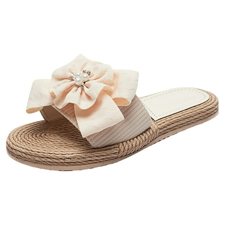 

KIJBLAE Women Flats Shoes Clearance Summer Flip-flops Rhinestone Pearl Flower Flat Beach Sandals Beige 37 Flats Shoes Discount