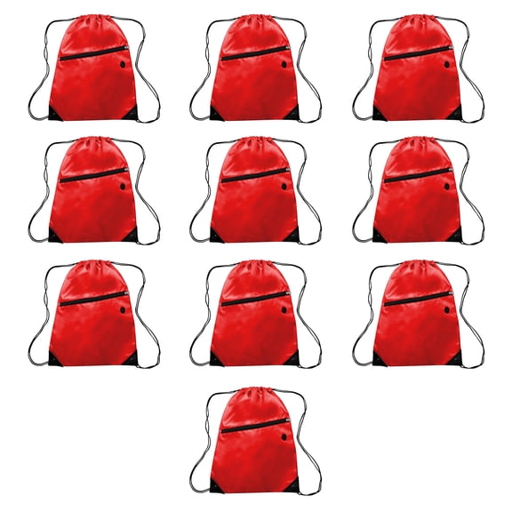 Drawstring BackPacks with Pocket Set of 10, Bulk Pack - Water Resistant, Perfect for Gym, Camping, Beach, Outdoor Sports - Red