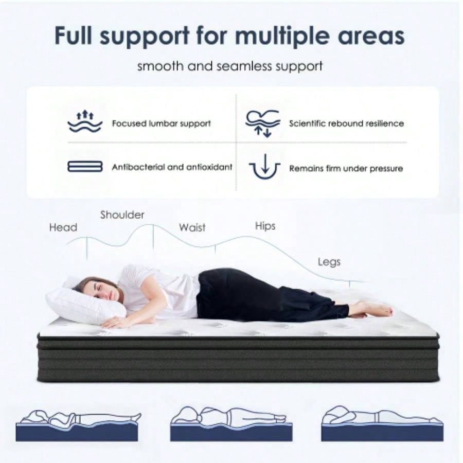 10 Inch King Size Hybrid Mattress, Individually Pocketed Innerspring, Medium Firm for Stable Support