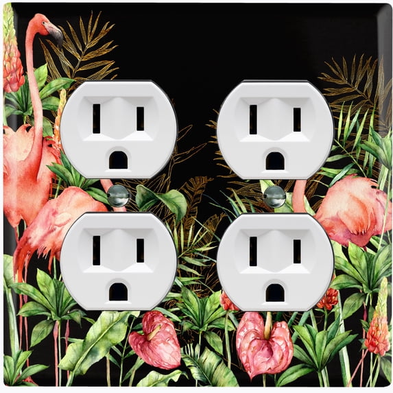Metal Light Switch Plate Outlet Cover Tropical Pink Flamingo Flower Leaves Black FGO008