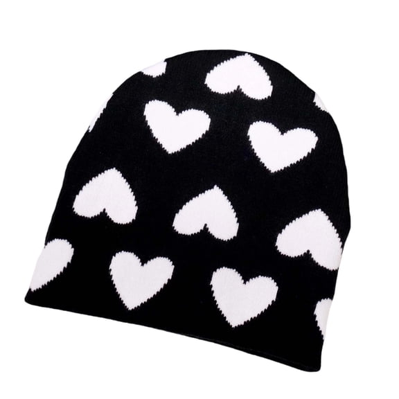 Black Ladies Knitted Hat Featuring Heart Pattern And Curled Edgeless Crafted From Acrylic For Warmth