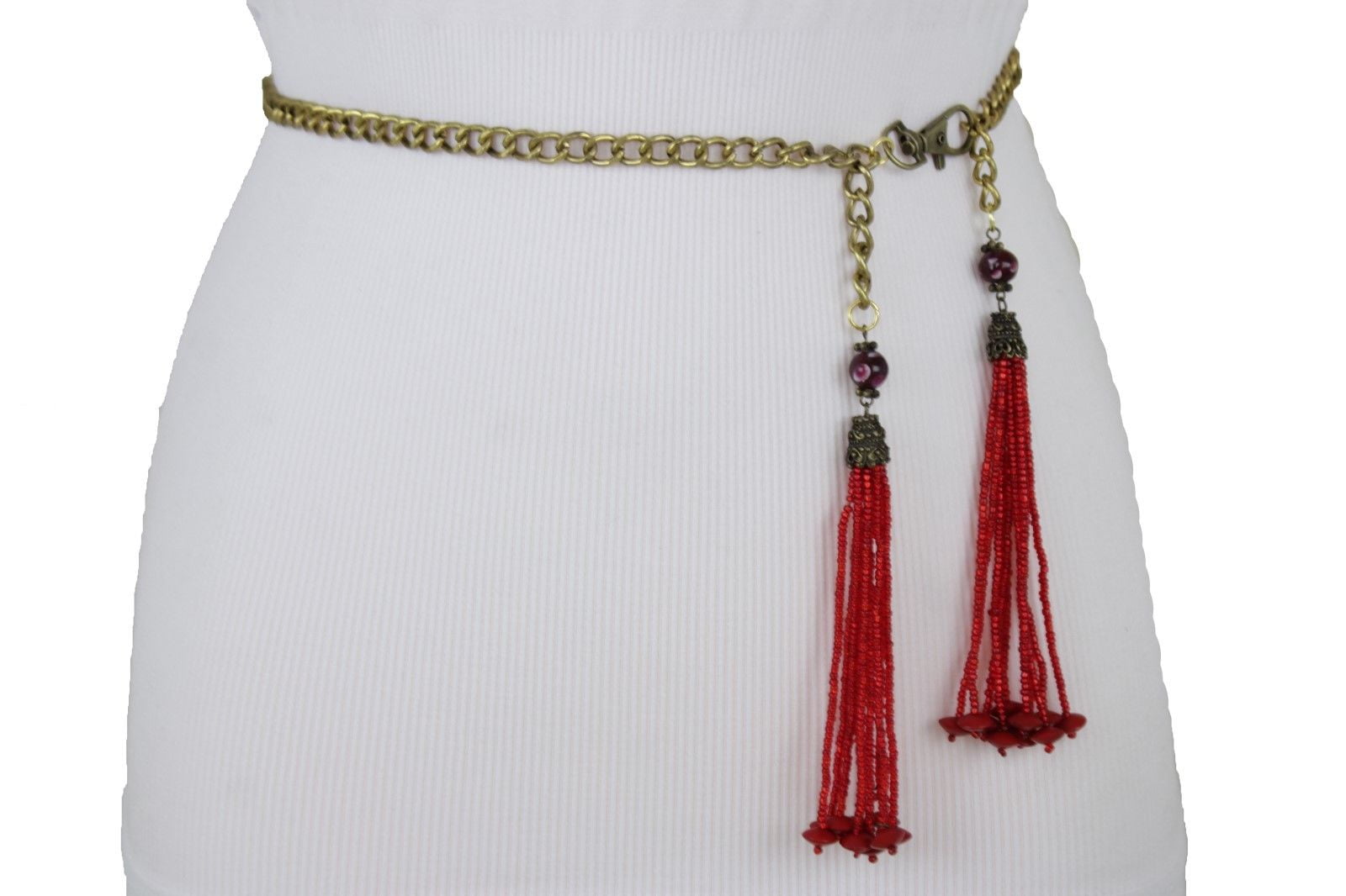 Women Gold Metal Chain Skinny Belt Red Beads Tassel Fringes Plus Size M