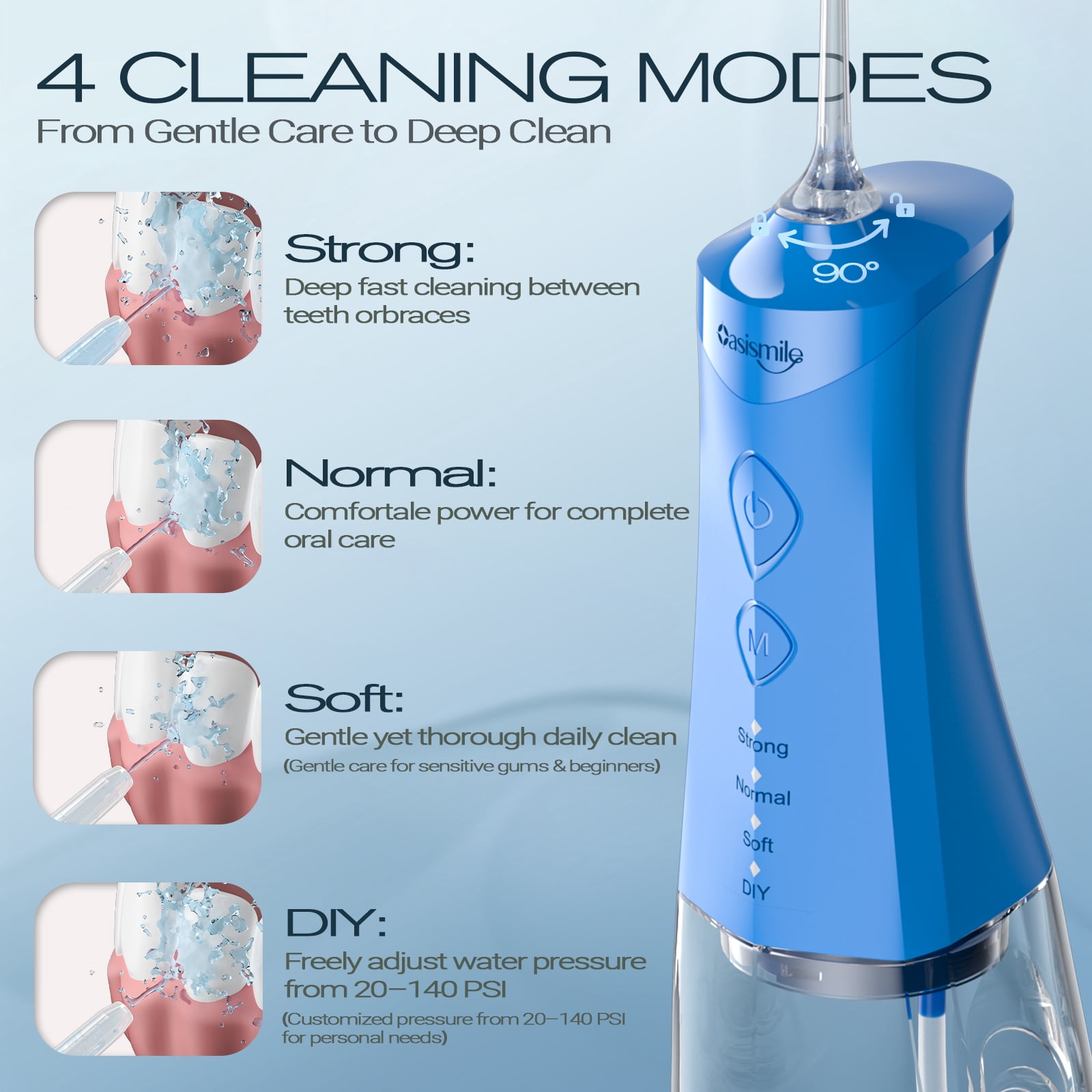 OasiSmile Water Picks for Teeth Cleaning, Dental Water Flosser 350ML Cordless Portable 4 Modes Rechargeable Oral Irrigator with 4 Jet Tips for Home Travel Office, Blue