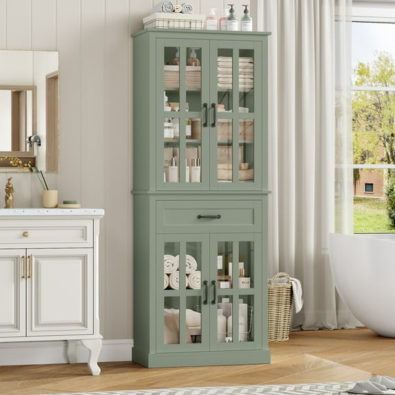 Homfa 71" Tall Bathroom Cabinet with Glass Doors, Freestanding Linen Cabinet with Drawer & Adjustable Shelves, Green