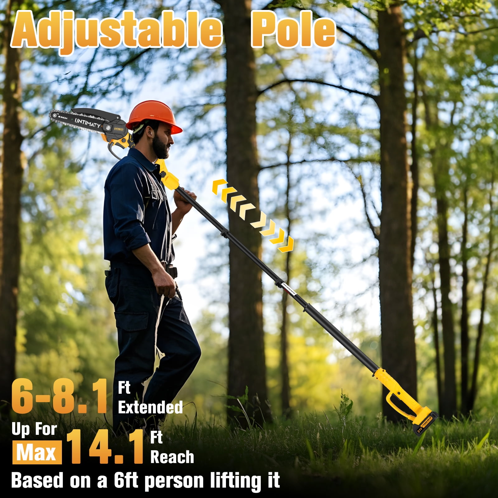 UMTIMATY Cordless Pole Saw,6 Inch Brushless Pole Chainsaws Mini Handheld Chainsaw with 2 x 2.0Ah Batteries,14.1 FT Max Extension Pole Saw for Tree Trimming