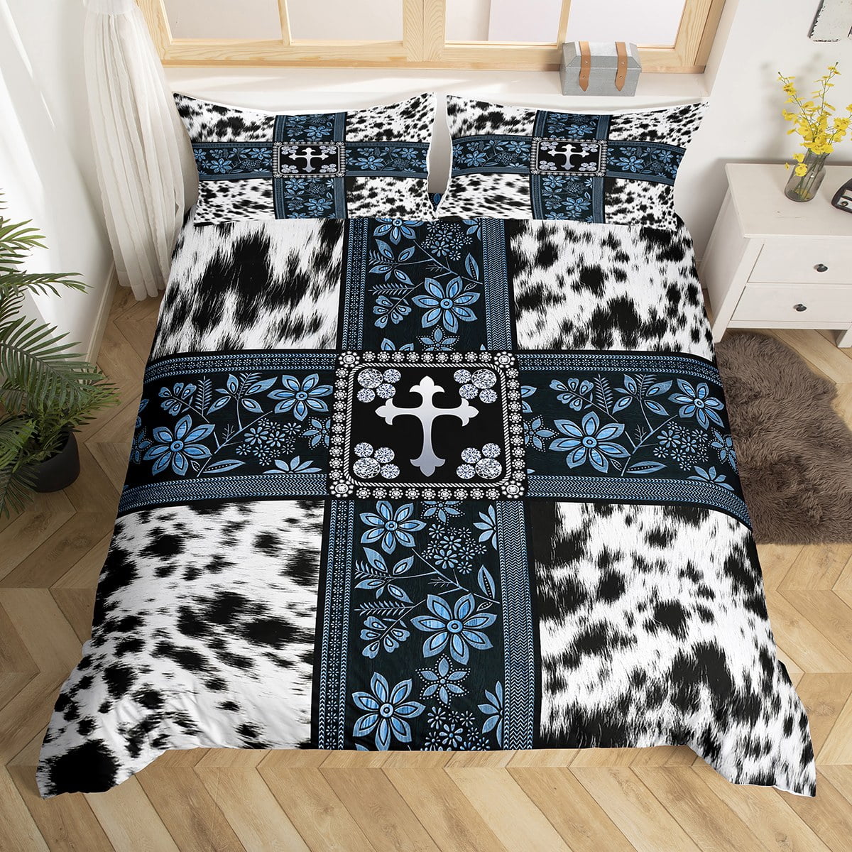 Grey Cow Print Bedding Set Royal Blue Flowers Duvet Cover Aztec