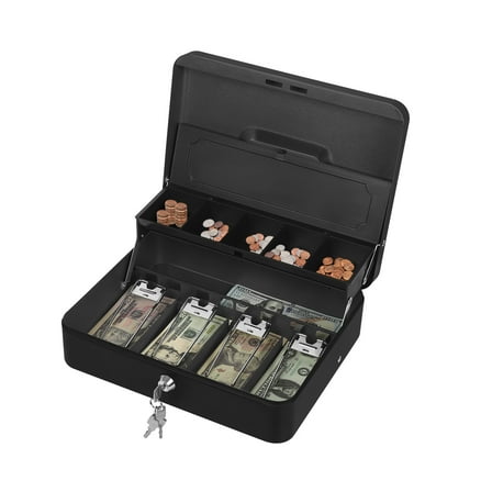 OYEAL Black Lockable Metal Cash Box with Keys, Security Safe Money Tin with Removable Trays & Coin Slots for Office, Home, Supermarket