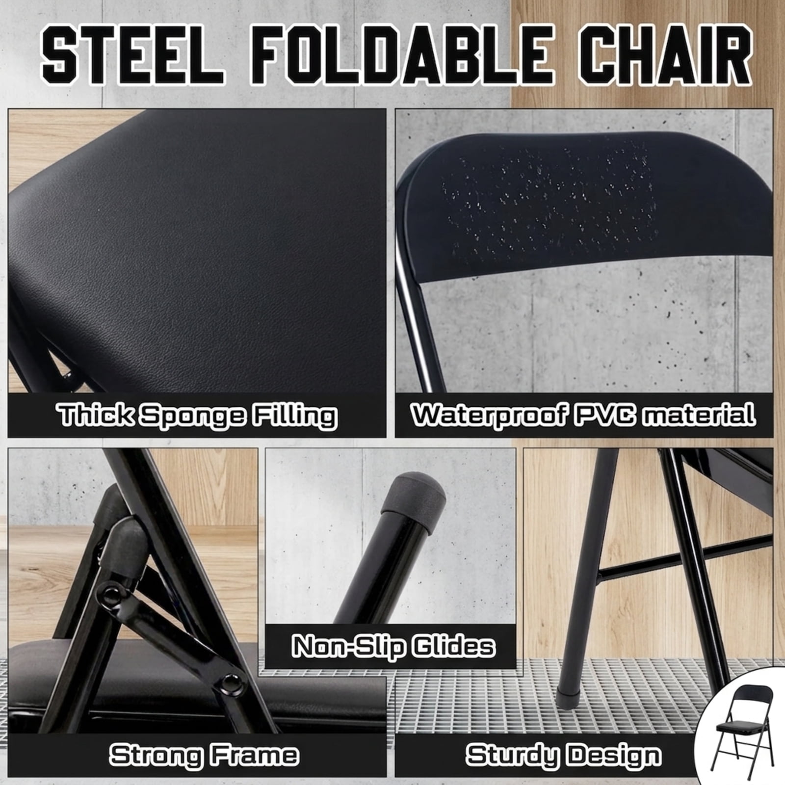 Fenbeli Folding Chairs 4 Pack with Padded Seats, 330 lb Capacity, Black Metal Chairs for Home Office Parties and Indoor Outdoor Events