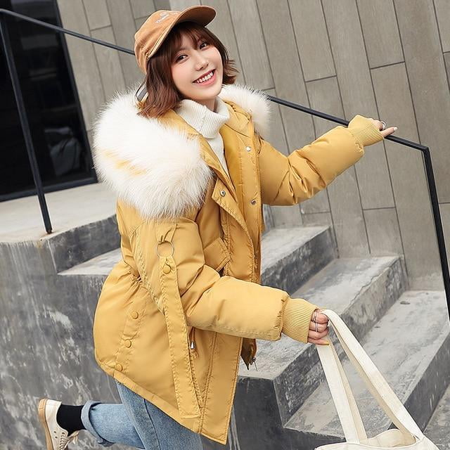 womens mustard coats with big fur hoods