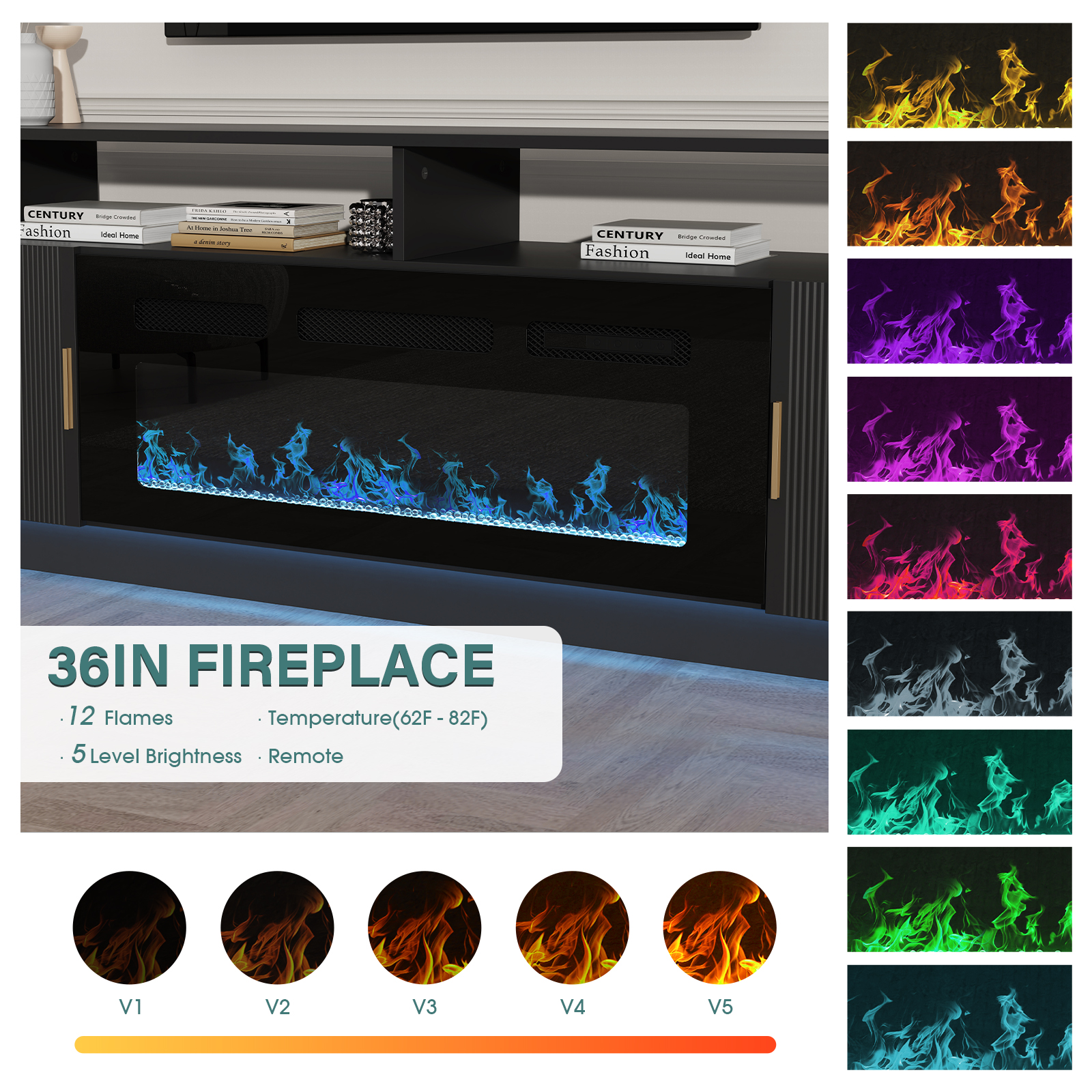 70'' TV Stand with 36'' Electric Fireplace - 23'' High Black Entertainment Center, Changeable LED Light, Power Outlet, Fits 65''+ TVs, Modern Living Room Console (White)