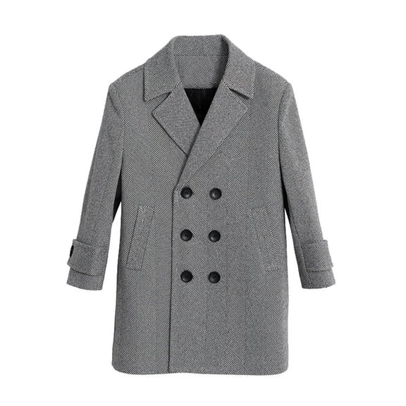 Cethrio Boys Peacoats Size 14-16, Double Breasted Mid-length Long Sleeve Casual Blended Wool Coats Gray