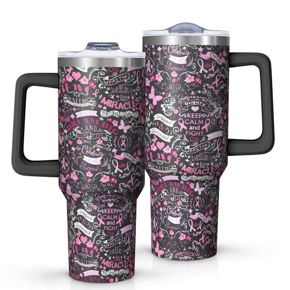 Pink Breast Cancer and Love Tumbler with Handle and Lid,40oz Double Wall Vacuum Insulated Tumbler,Cups Gift for Women and Men