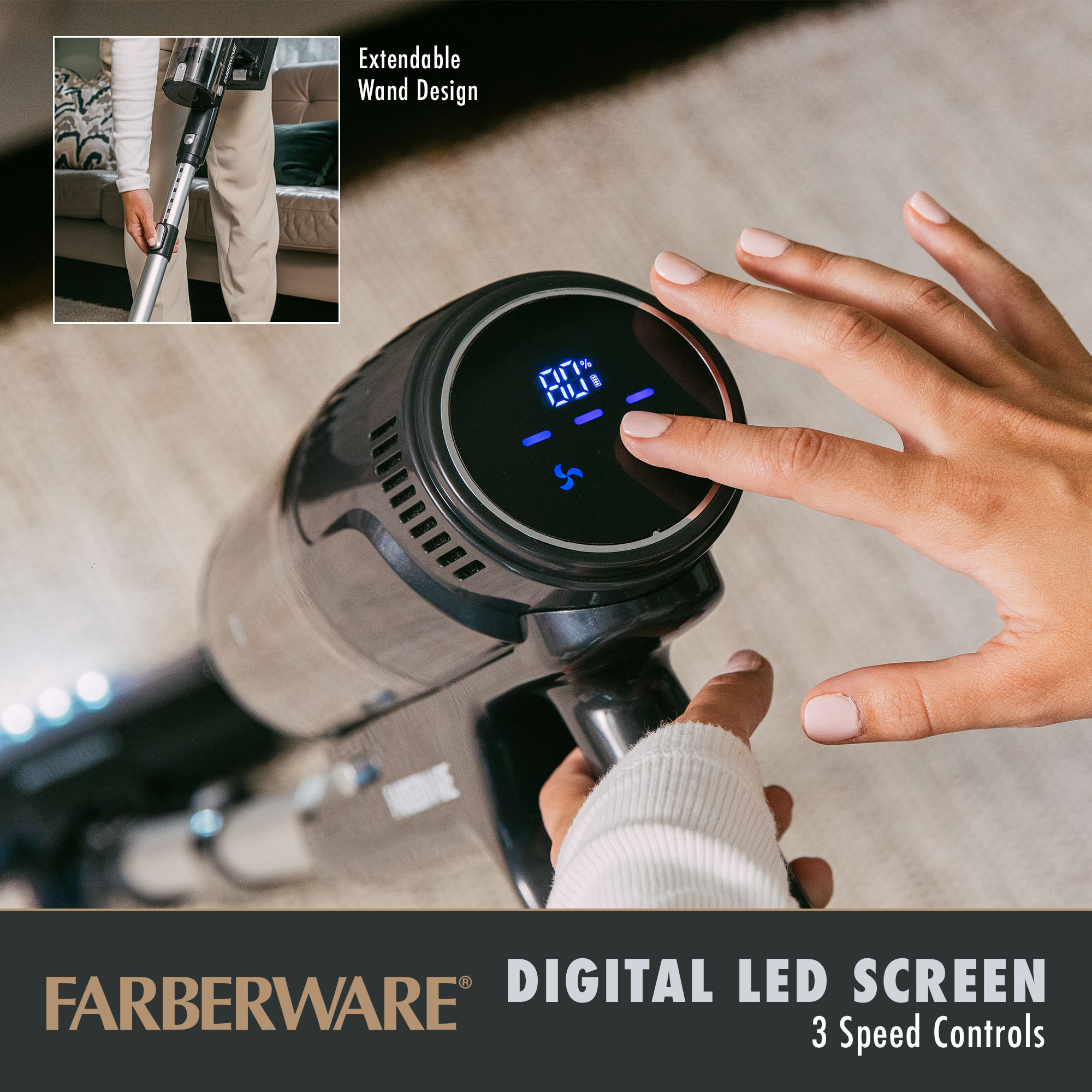 Farberware Cordless Elite Stick Vacuum Cleaner, Powerful Suction with 3 Speeds for Carpet and Hard Floors, Converts to Handheld Vacuum, LED Screen