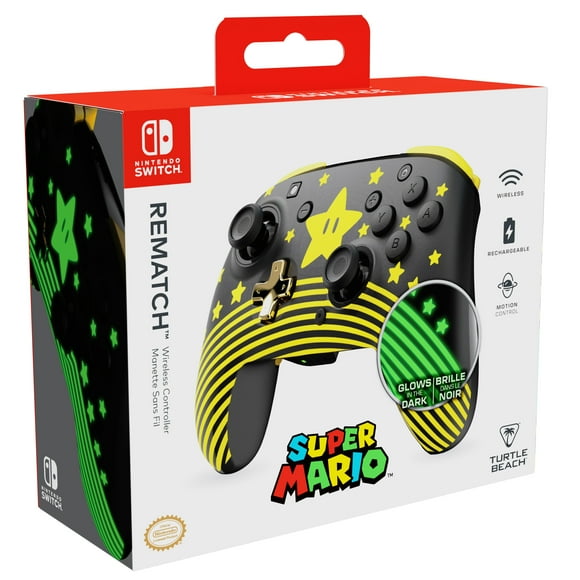Turtle Beach® Rematch™ Wireless Controller: Super Mario Star - Nintendo Switch™, Nintendo Switch™ Lite, & Nintendo Switch™ - OLED Model, Nintendo Switch™ 2, Glows in the Dark, Rechargeable Battery