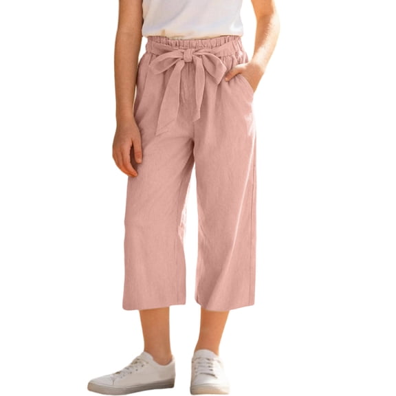 ShomPort Girls Loose Cropped Pants Cotton Linen Bow Elastic Waist Capris Pockets Cute Summer Pants 4-14 Years