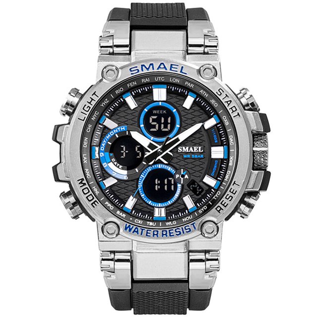 1803 reloj de pulsera deportivo multifuncional para hombres reloj digital de cuarzo con estilo, versión azul plateado con caja de 46 mm; frontal centrado muestra esfera 3D texturizada negra con indicadores analógicos y tres pantallas digitales azules, bisel plateado con texto SMAEL y grabados de función, corona y cuatro botones laterales, correa de resina negra con eslabones plateados y contraportada de acero inoxidable, resistencia 50 M. Suele usarse también para deporte y viajes por su función de doble zona horaria.