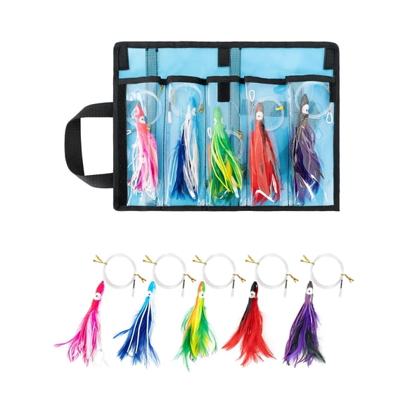 BLUEWING 5 Pack Tuna Feather Squid Lure Set Fishing Teaser with 4in Feathered Trolling Octopus and Stainless Steel Hook for Mahi Wahoo Marlin Big Game