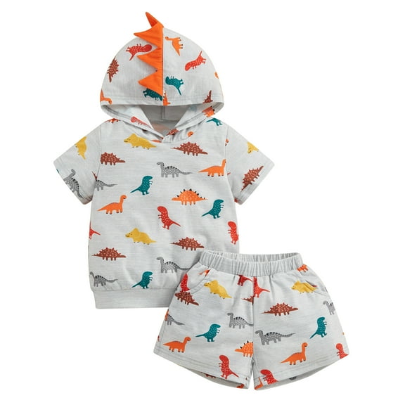 Bagilaanoe 2pcs Toddler Summer Outfits Baby Boy Shorts Set Short Sleeve Print Hooded T Shirt Tops Shorts 1T 2T 3T 4T 5T 6T Kids Casual Clothes