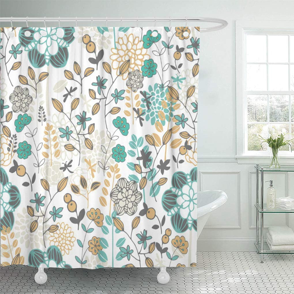 ATABIE Summer Retro Teal Floral Gold Grey Flowers Dragonflies Shower