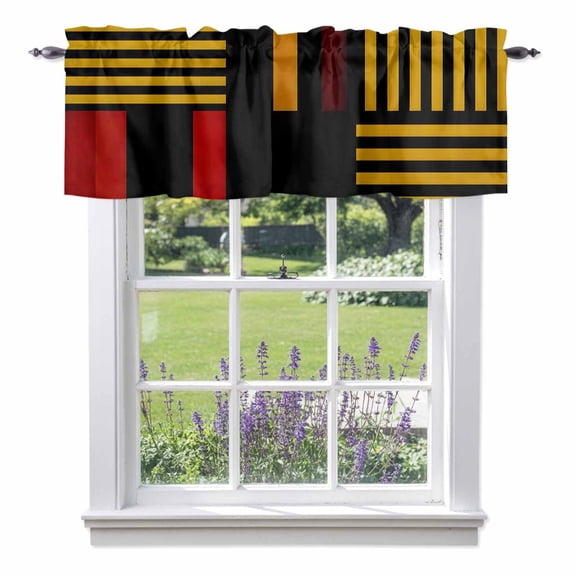 Patchwork Stripes Valances for Windows, Retro Minimalist Black Yellow Red Color Blocks Valance Window Treatment Rod Pocket Short Curtains Valances for Kitchen Bathroom 42"W x 12"L