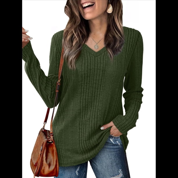 Blusas de Larga para Mujer, Camisetas con Cuello en V, Suéteres Tipo Túnica Ligeros, Moda Verde Oscuro L