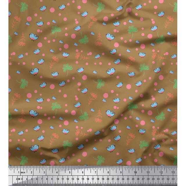 Soimoi Poly Georgette Fabric Dot,Leaves & Bird Cartoon Printed Fabric 1 Yard 42 Inch Wide