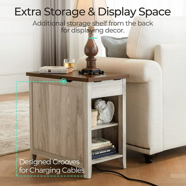 LINSY HOME End Table with Charging Station Side Table for Bedroom with Drawer and Detachable Holder Storage Shelf with Glass Door Extra Storage