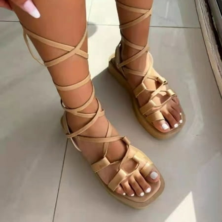 

YTJX Womens Shoes Fashion Open Toe Knot Thick Soled Lace Up Roman Sandals