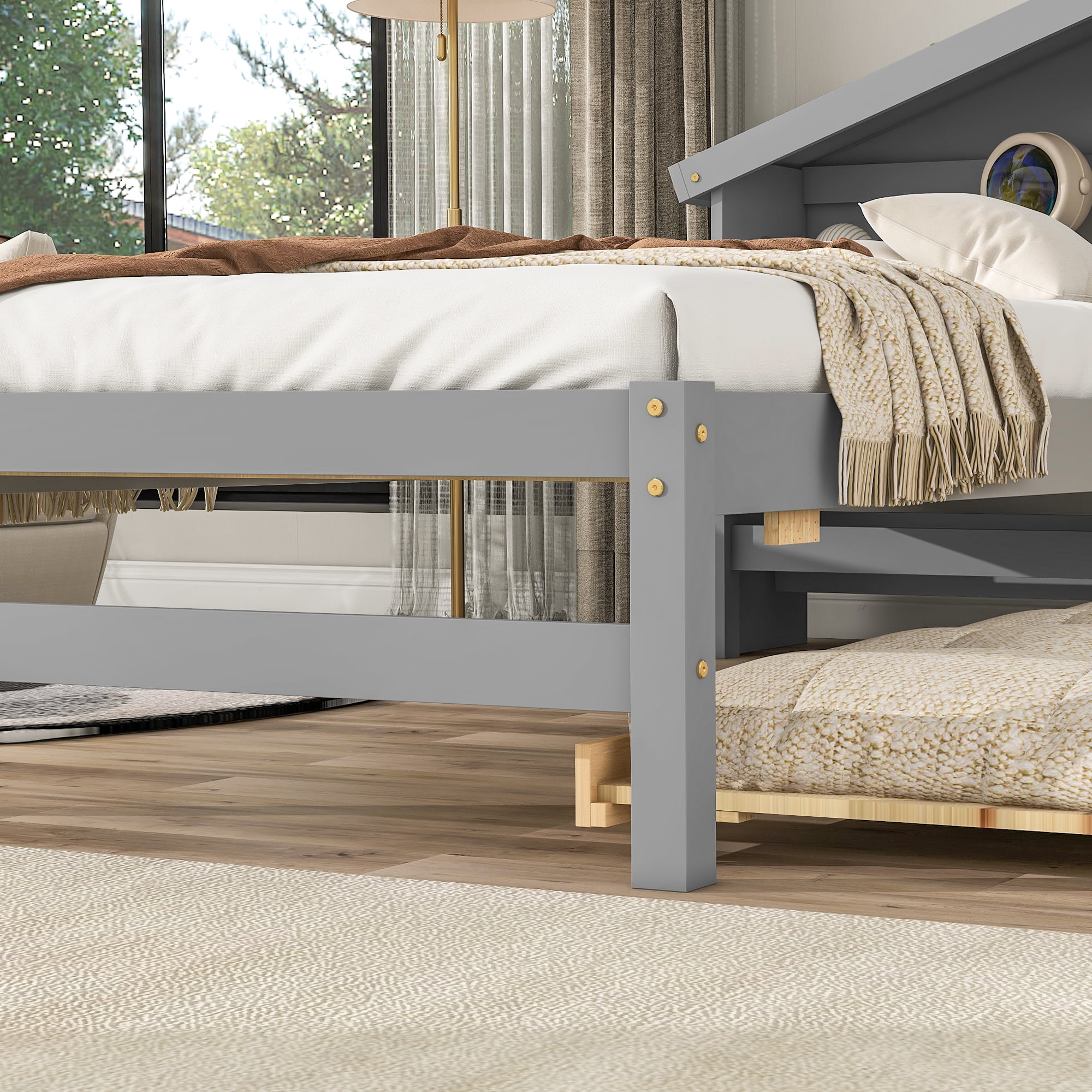 Euroco Wood Twin Size Platform Bed with Trundle and House Shelf for Kids, Grey