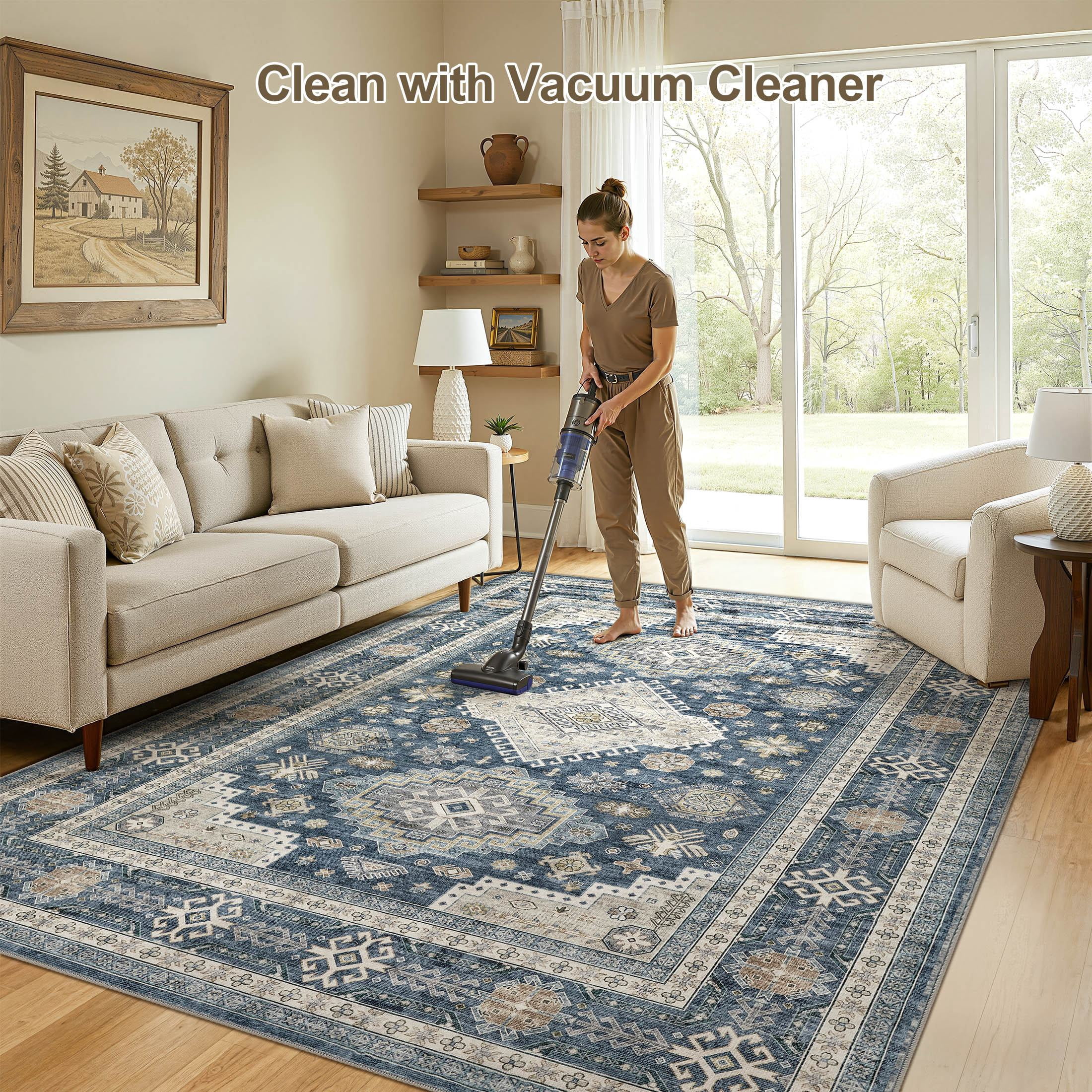 UERMEI 6'x9' Washable Area Rugs for Living Room, Modern and Vintage Non Slip Carpet, Low Pile Indoor Rug for Bedroom Home Decor Carpets, Blue