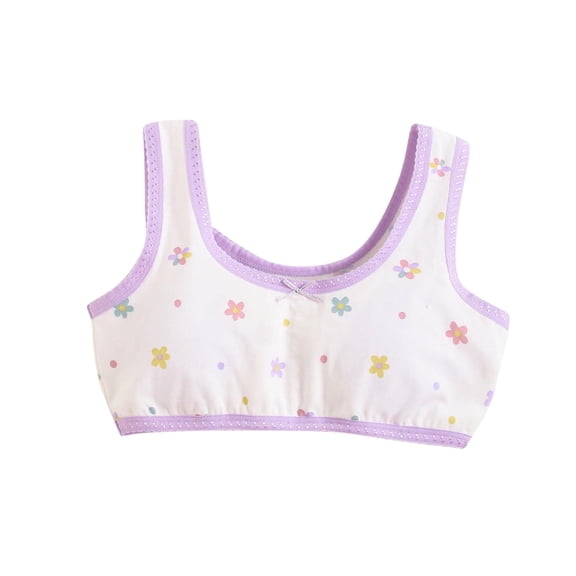 Xfvqtps Girls Bras with Padded Cotton Training Bra for Teen Big Kids Colorful Flower Print Bow Comfortable Breathable Girls Bras for 10-16 Years Purple-02