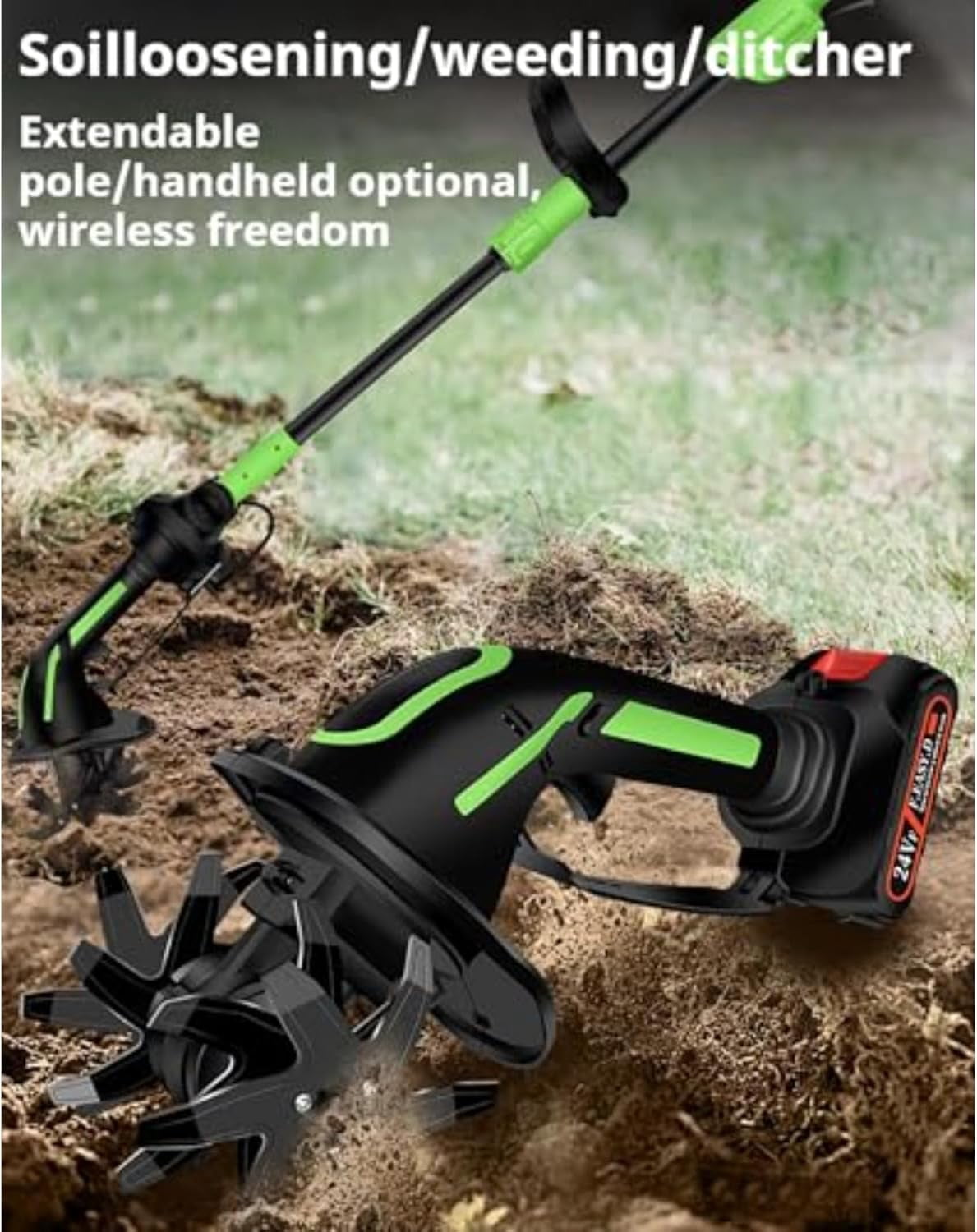 2 in 1 Cordless Tiller and Cultivator with Extension Pole, 20V Lightweight Handheld Battery Tiller Cultivator for Garden, Flower Beds, Weeding, Trenching, Battery Included