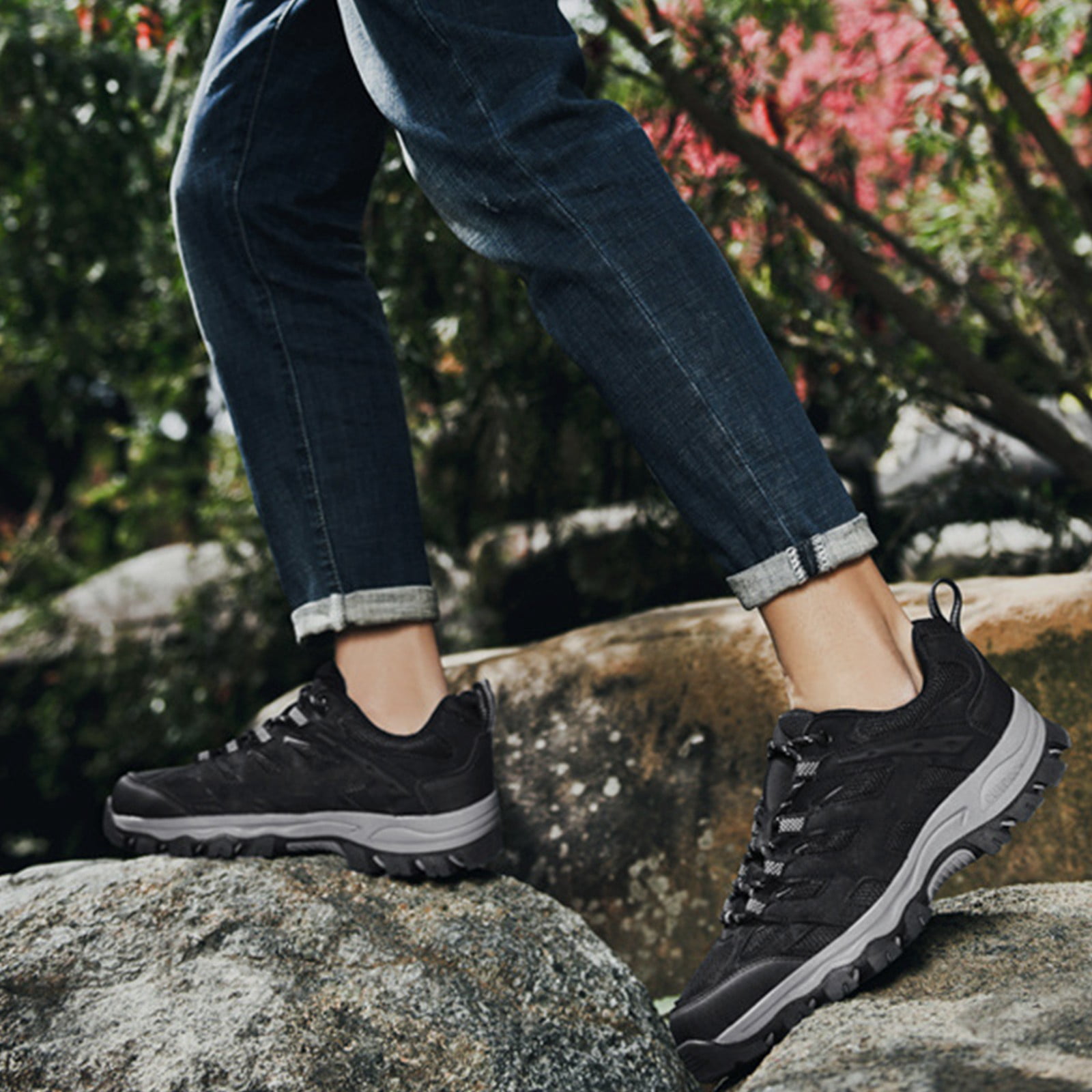 XIMIN Men's Waterproof Non-Slip Hiking Shoes Leather Low-Top Trail Running Sneakers Breathable Lightweight Mesh Travel Shoes Outdoor Trekking Boots (9.5, Black)