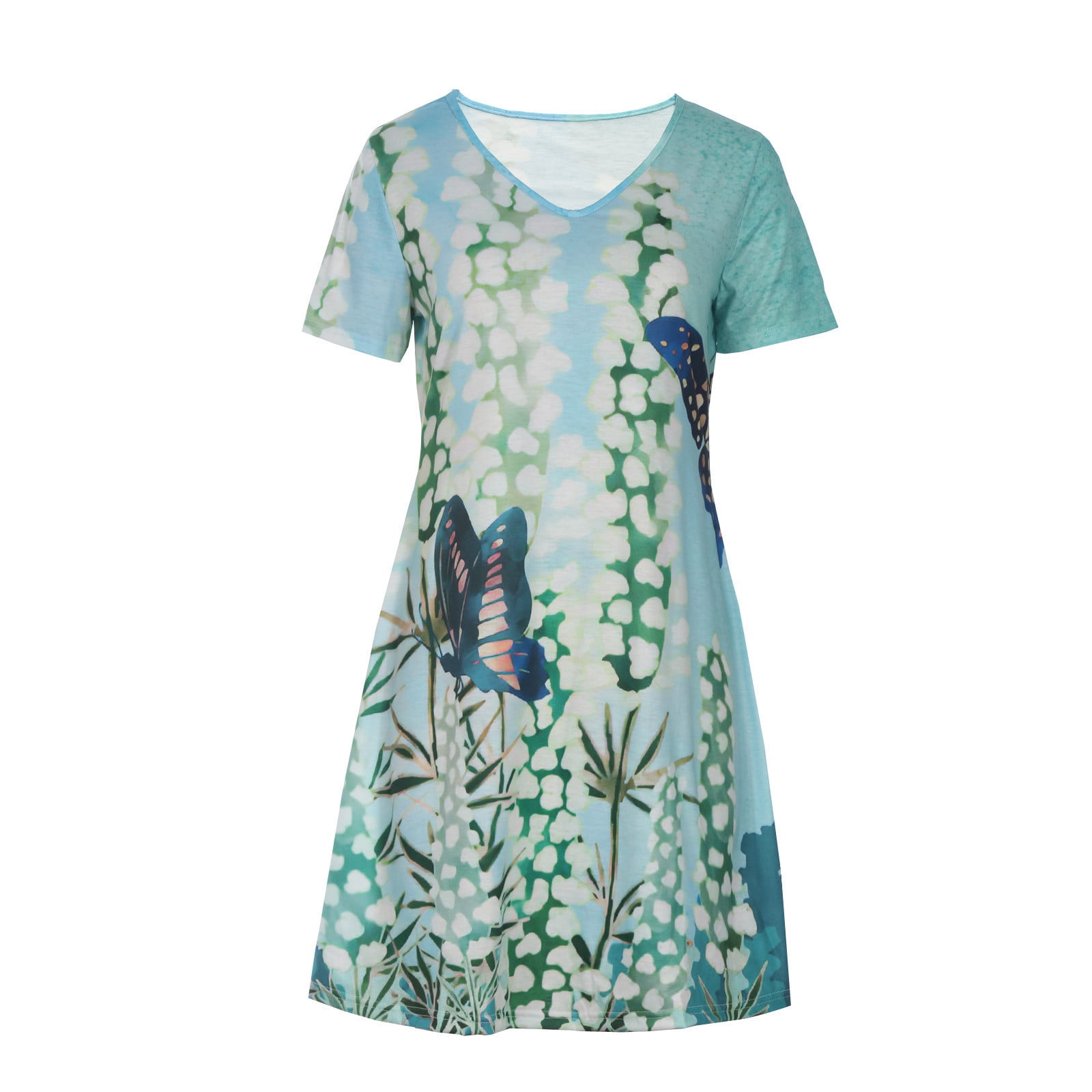 VKEKIEO Tshirt Dresses For Women Sun Dress V-Neck Short Sleeve Floral Green S