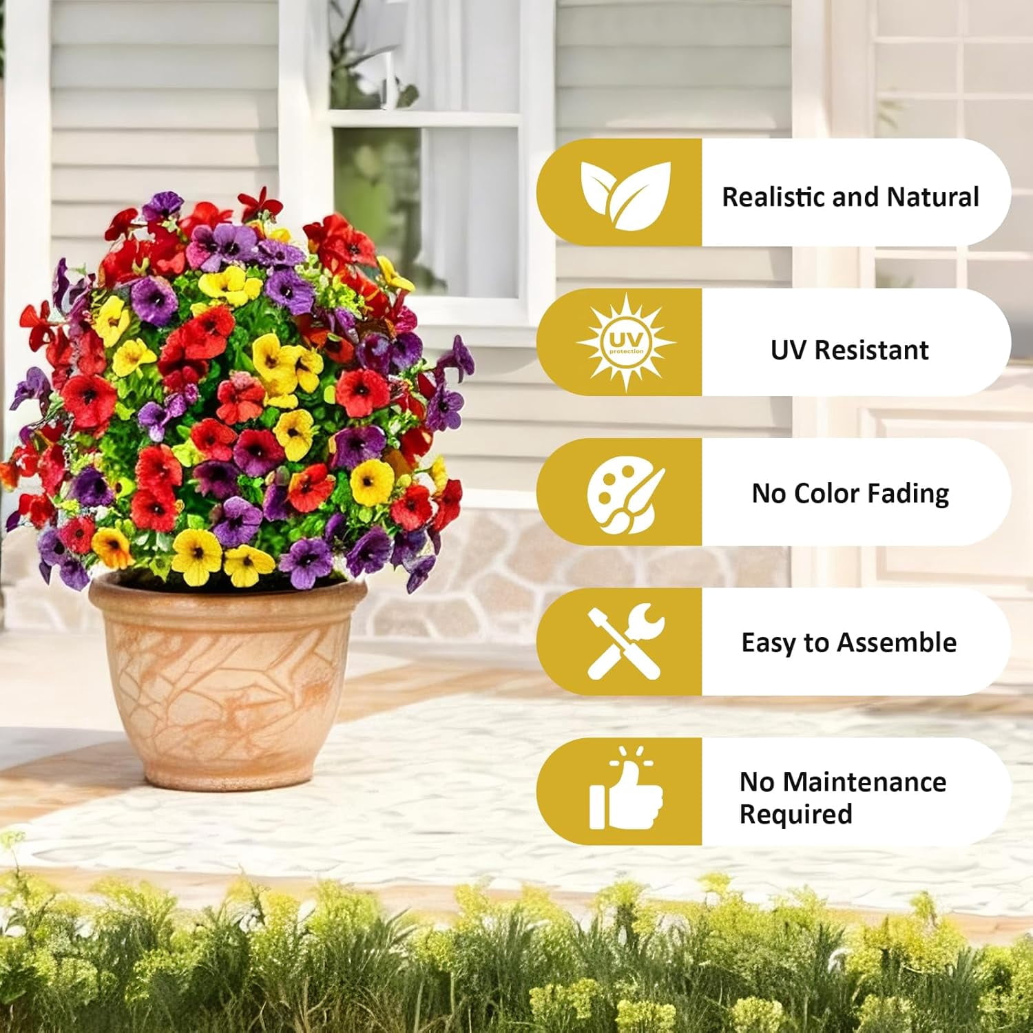 22" Artificial Flowers with Ground Spikes for Outdoors, Faux Bushes UV Resistant Spike Ball, Fake Plants Decoryard Decorations, Plastic Greenery for Garden, Yard, Patio, Front Porch,Home Décor