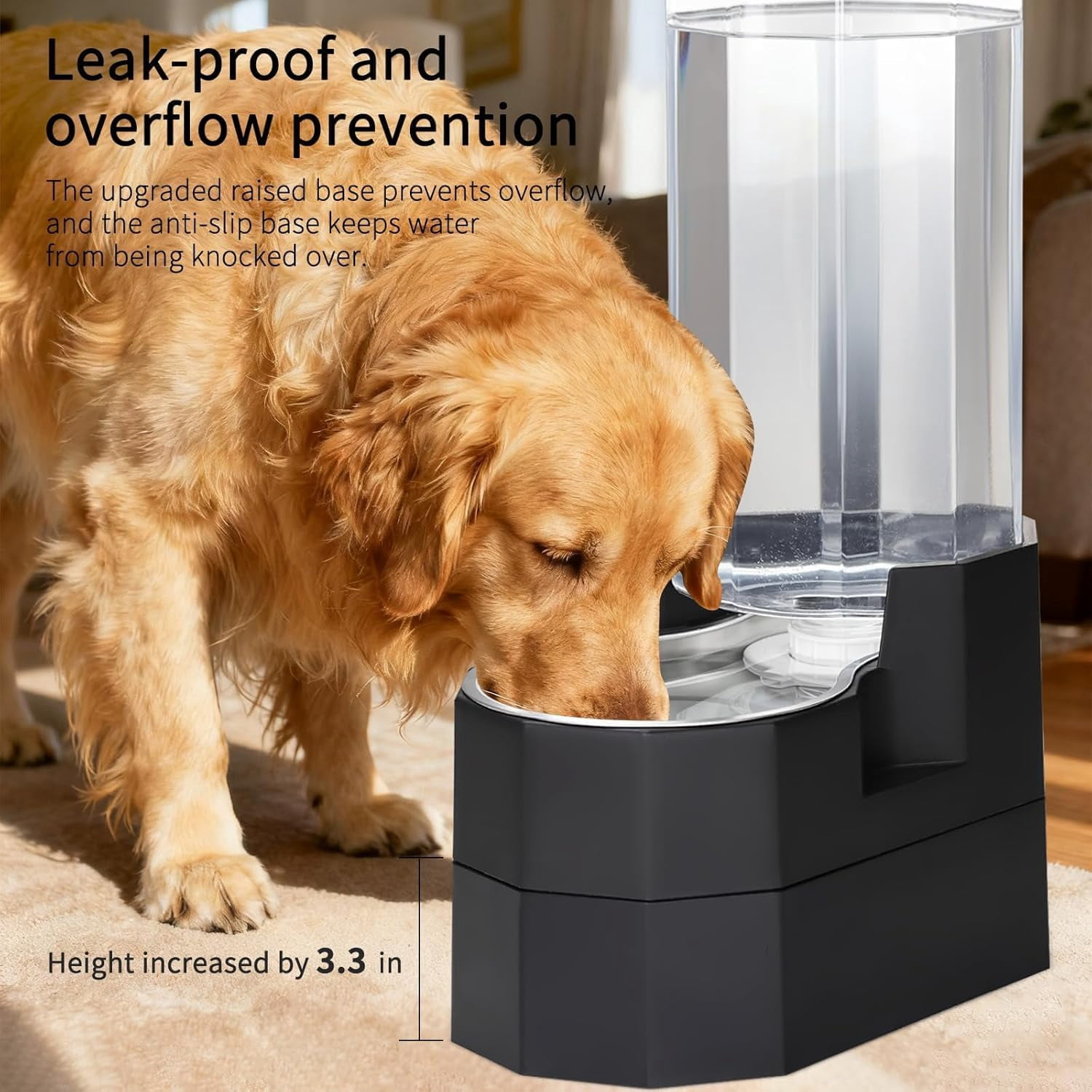RIZZARI Black 9L Raised Gravity Dog Water Dispenser with Stainless Steel Bowl - BPA-Free, Includes 2 Caps, Leak-Proof & Easy-Clean, Automatic, for Senior Dogs’ Comfort, for Bedroom or Garden