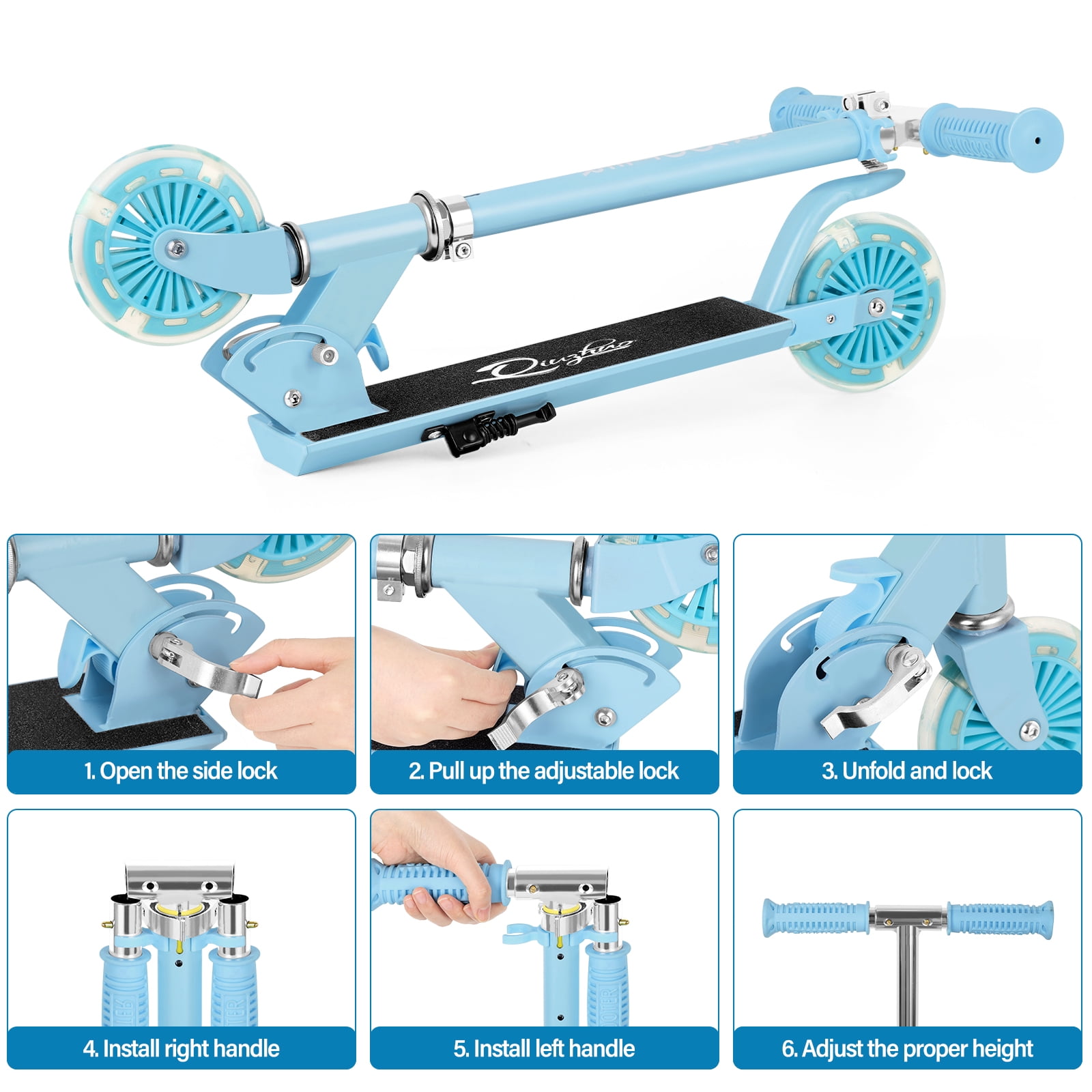 Scooter With 2 Wheels, for Kids Ages 6+, Kickstand Foot Support, Adjustable Height & Foldable, Light Blue