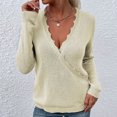 thumbnail image 3 of Suéter con cuello en V para mujer, elegante ribete de encaje, color sólido, suave y cómodo, jersey de punto, Top albaricoque L, 3 of 6