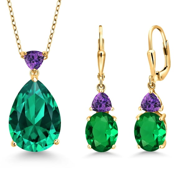 Gem Stone King 18K Yellow Gold Plated Silver Green Nano Emerald and Purple Amethyst Pendant Earrings Jewelry Set for Women (14.45 Cttw, Pear Shape 18X13MM, with 18 inch Chain)