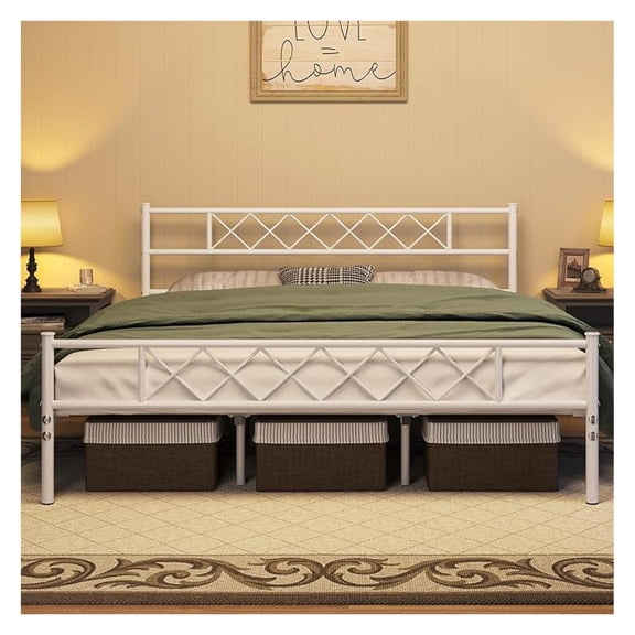 NALYL King Size Metal Bed Platform with Headboard and Footboard/Mattress Foundation/Under Bed Storage White