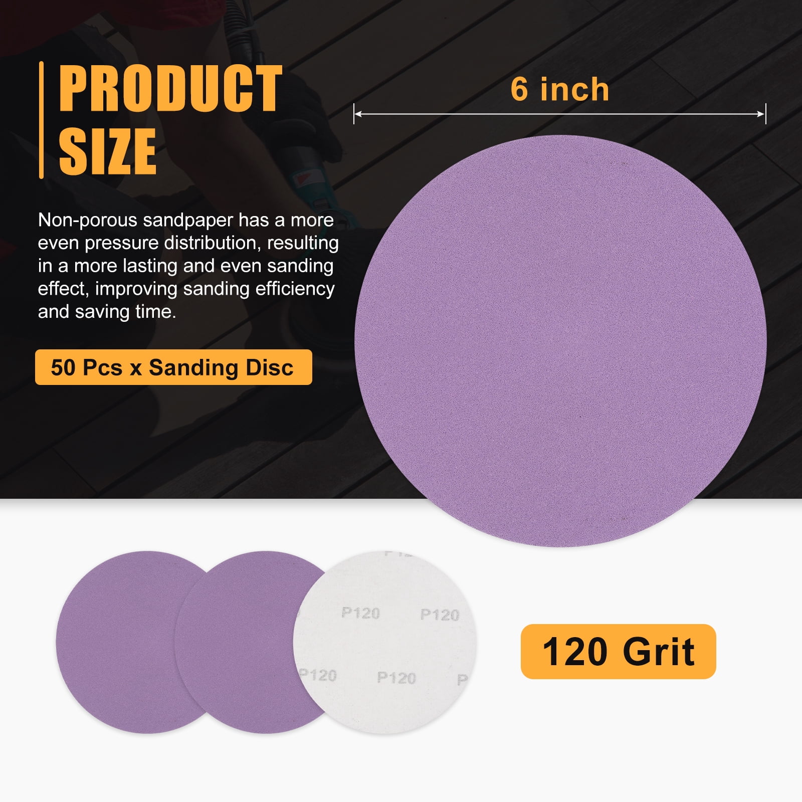50 Pcs 6 Inch Sanding Disc 120 Grit Round Hook and Loop Sandpaper Fit for Random Orbital Sander or Automotive Car Repairing, Grinding and Polishing, Purple