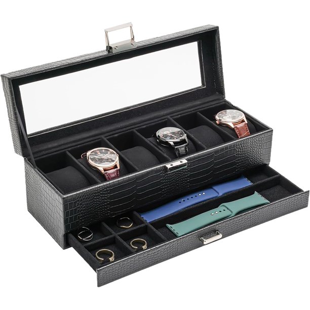 ProCase Caja para Reloj de 6 Ranuras, Estuche Organizador de Relojes de 2 Pisos con Tapa Vidrio Anti-polvo Almacenaje Guardarrelojes para Hombres y Mujeres (NegroRayado)