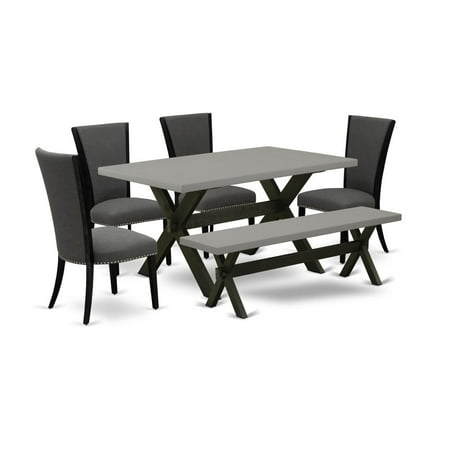 East West Furniture X696VE650-6 6 Piece Mid Century Dining Set – 4 Dark Gotham Grey Linen Fabric Comfortable Chair with Nailheads and Cement Kitchen Table – 1 Dining Room Bench – Black Finish